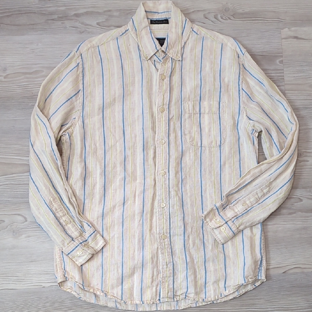 W.H. Belk sportswear L linen shirt long sleeve button up yellow blue beige strip